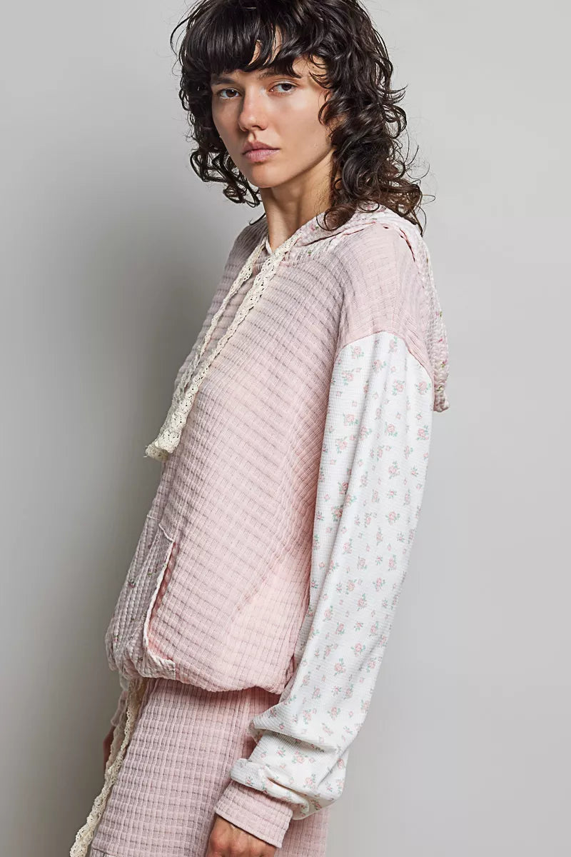pol mixed knit Pol Mixed Knit Contrast Print Sleeve Hoodie with Kangaroo Pocket view 2 (top) - shop at us.meeeshop