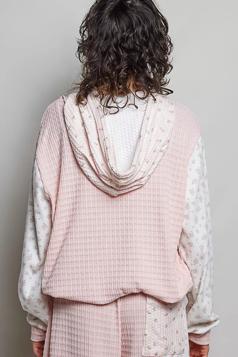 pol mixed knit Pol Mixed Knit Contrast Print Sleeve Hoodie with Kangaroo Pocket view 3 (top) - shop at us.meeeshop