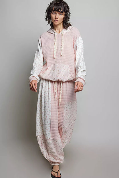 pol mixed knit Pol Mixed Knit Contrast Print Sleeve Hoodie with Kangaroo Pocket view 5 (layer) - shop at us.meeeshop