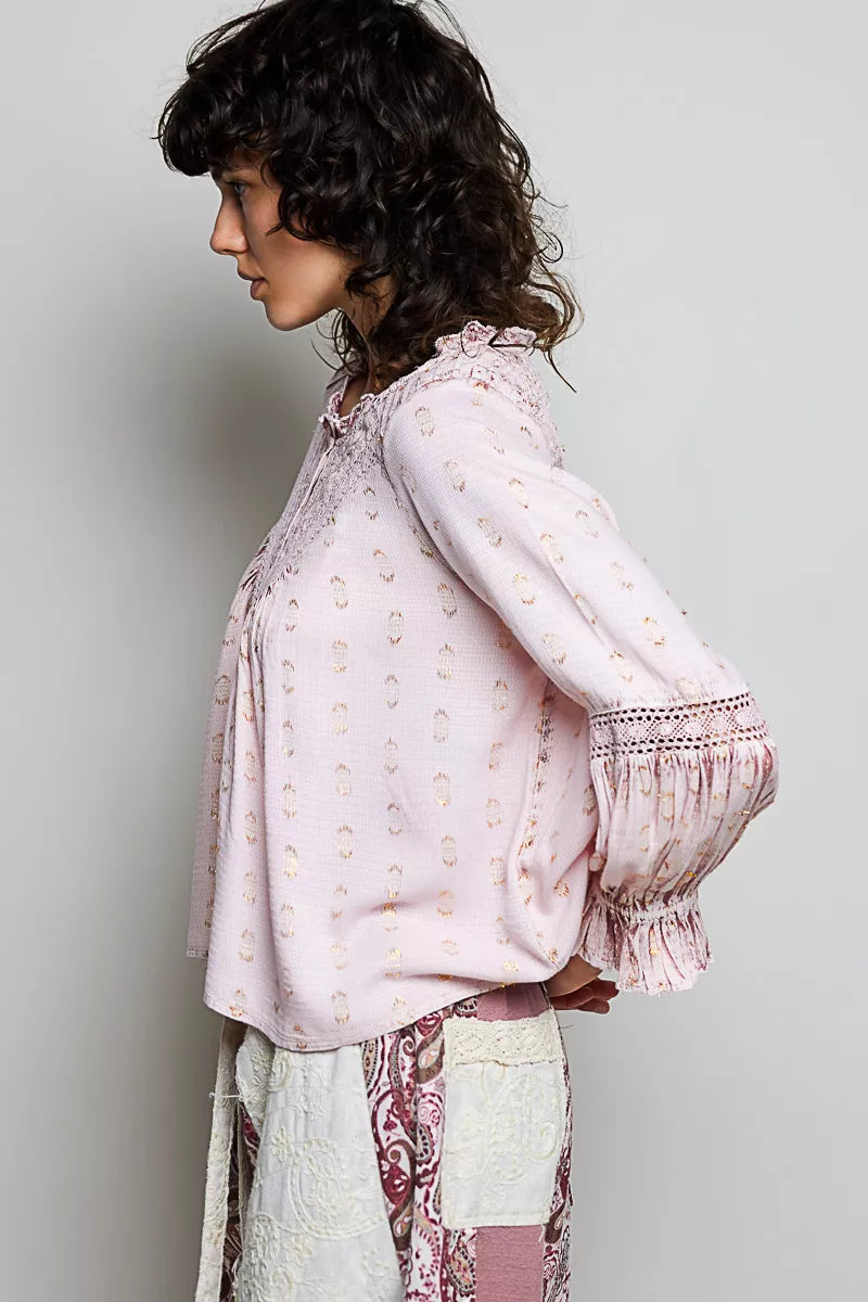 Pol Mixed-pattern Lace Detail Blouse ROSE PINK view 2 (top) - pol blouse, pol detail blouse, pol mixed  - shop at us.meeeshop