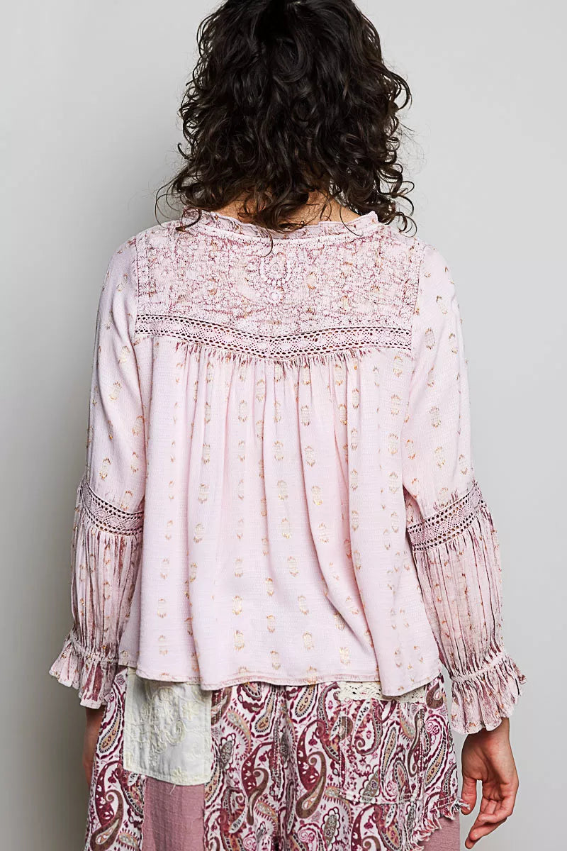 Pol Mixed-pattern Lace Detail Blouse ROSE PINK view 3 (top) - pol blouse, pol detail blouse, pol mixed  - shop at us.meeeshop