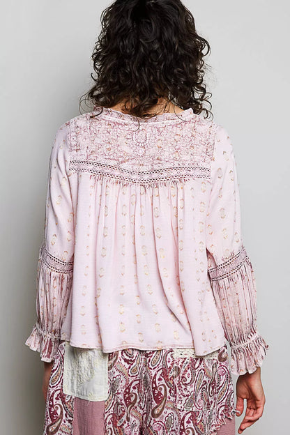 Pol Mixed-pattern Lace Detail Blouse ROSE PINK view 3 (top) - pol blouse, pol detail blouse, pol mixed  - shop at us.meeeshop