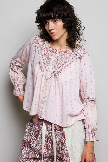 Pol Mixed-pattern Lace Detail Blouse view 4 (top) - pol blouse, pol detail blouse, pol mixed pattern bl - shop at us.meeeshop