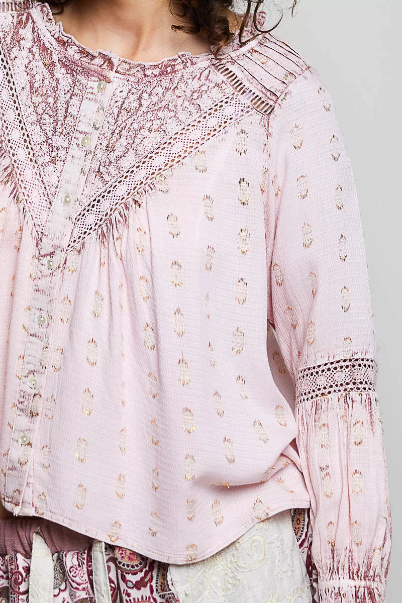 Pol Mixed-pattern Lace Detail Blouse view 6 (top) - pol blouse, pol detail blouse, pol mixed pattern bl - shop at us.meeeshop