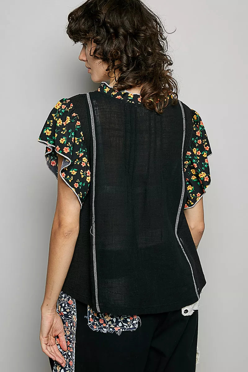pol neck floral Pol V-neck Floral Ruffle Sleeve Blouse view 4 (top) - shop at us.meeeshop