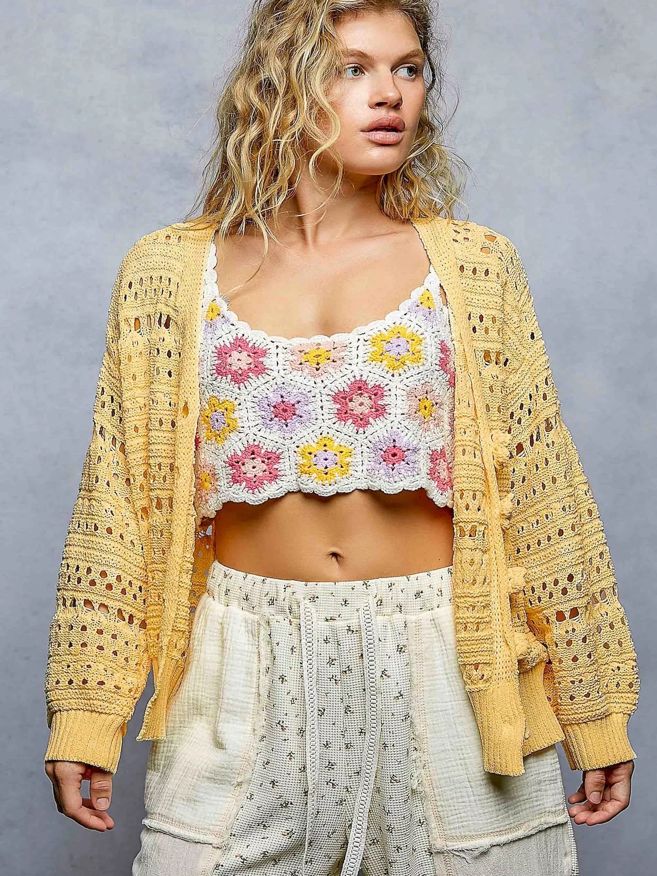 pol open knit Pol Open-knit Floral Button Cardigan DANDELION (layer) - shop at us.meeeshop
