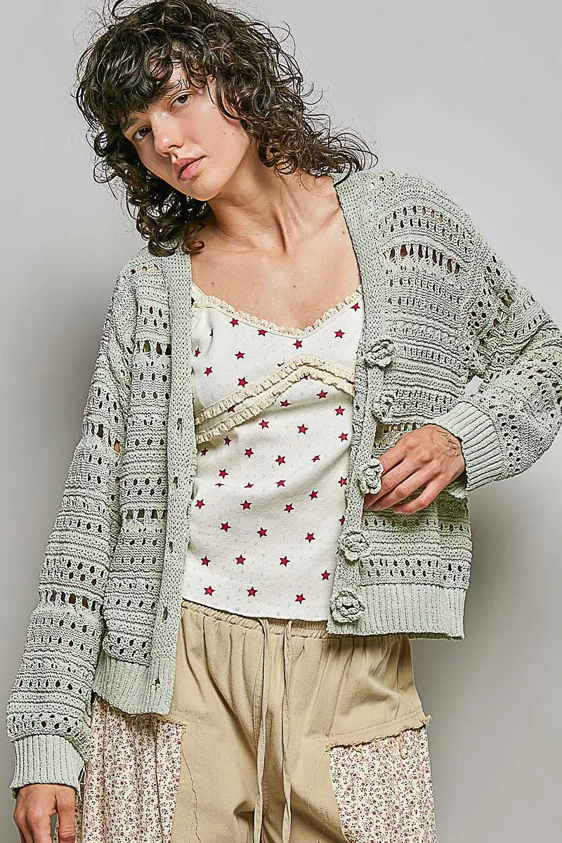 Pol Open-knit Floral Button Cardigan LIME view 2 (top) - pol open knit sweater, open knit polo cardigan - shop at us.meeeshop
