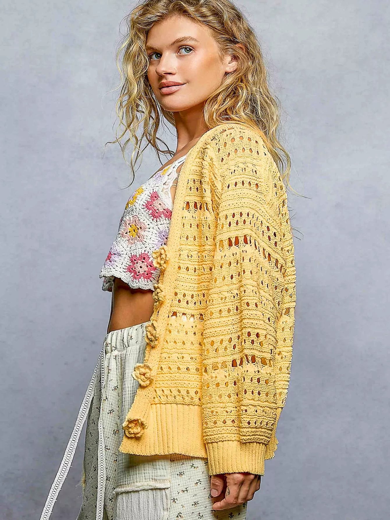 pol open knit Pol Open-knit Floral Button Cardigan view 3 (layer) - shop at us.meeeshop