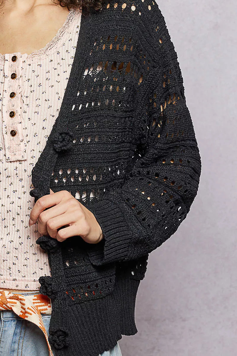 Pol Open-knit Floral Button Cardigan view 6 (top) - pol open knit sweater, open knit polo cardigan, pol - shop at us.meeeshop
