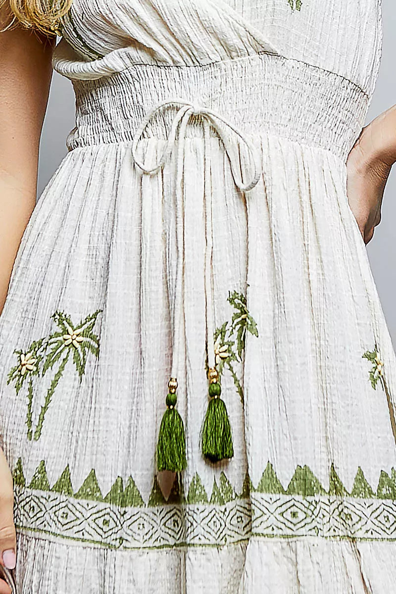 pol palm tree Pol Palm Tree Print Wrap Bodice Smocked Waist Ruffle Hem Dress view 9 (dress) - shop at us.meeeshop