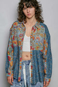 Pol Patchwork Mixed Textured Paisley Floral Stripe Long Sleeve Shirt BLUE MULTI (top) - pol shirt, pol  - shop at us.meeeshop