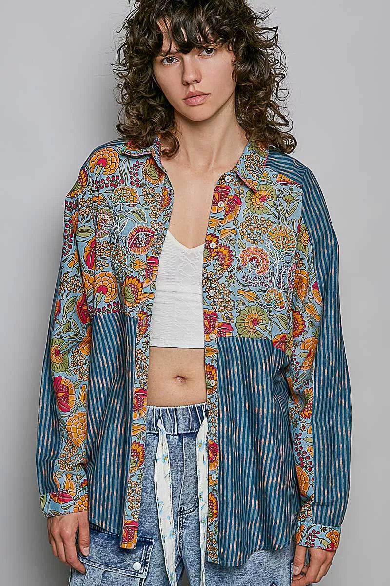 Pol Patchwork Mixed Textured Paisley Floral Stripe Long Sleeve Shirt BLUE MULTI (top) - pol shirt, pol  - shop at us.meeeshop