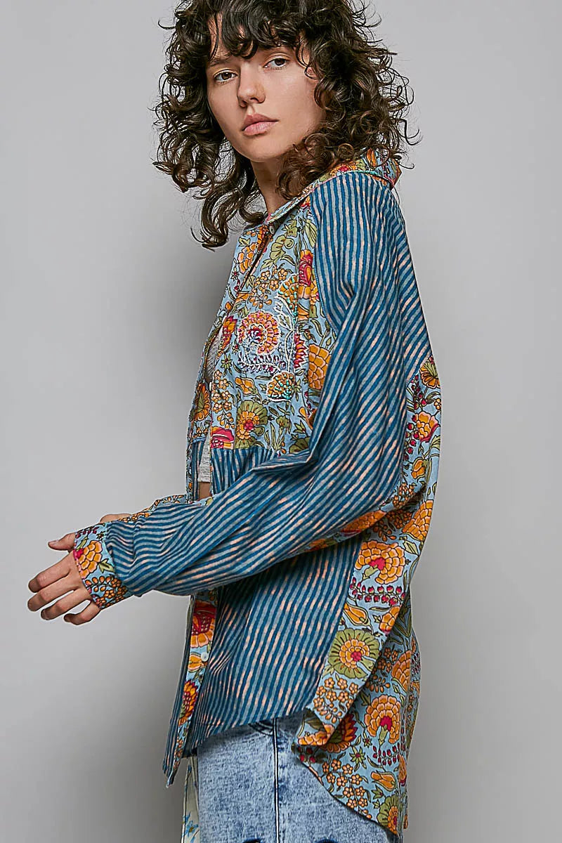 Pol Patchwork Mixed Textured Paisley Floral Stripe Long Sleeve Shirt BLUE MULTI view 2 (top) - shop at us.meeeshop