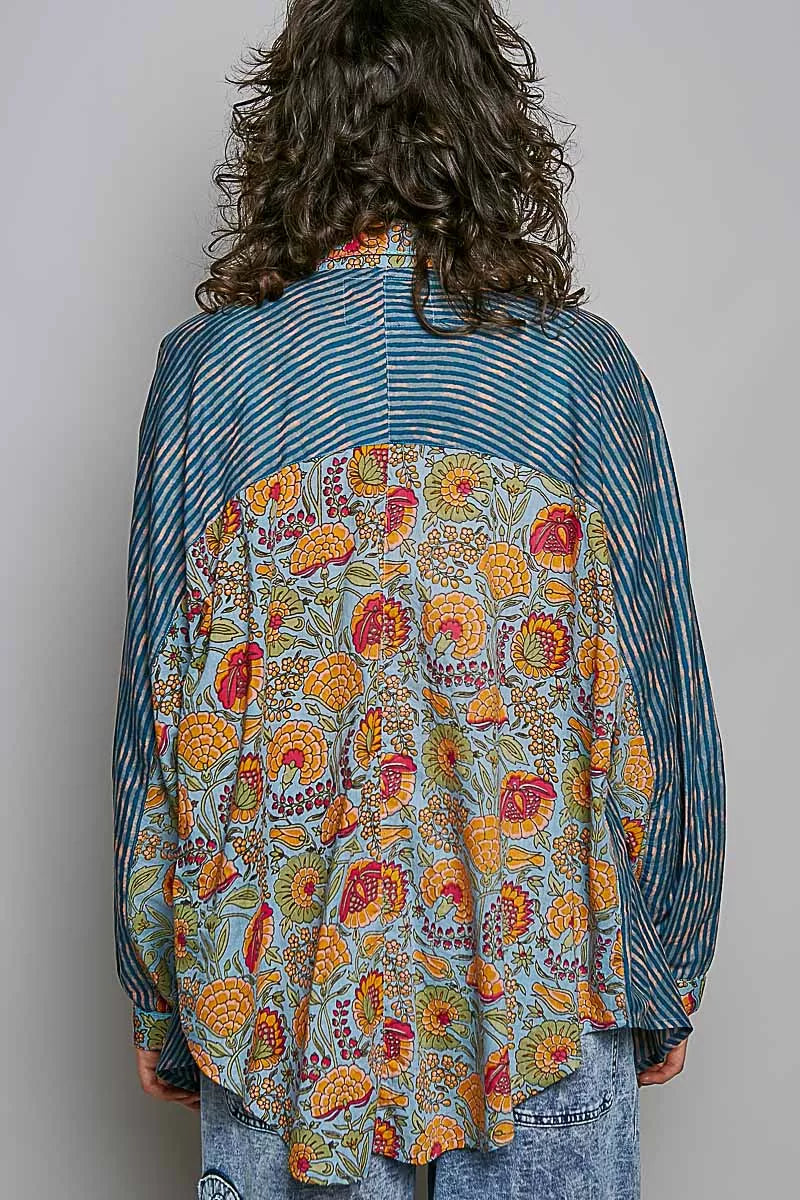Pol Patchwork Mixed Textured Paisley Floral Stripe Long Sleeve Shirt BLUE MULTI view 3 (top) - shop at us.meeeshop