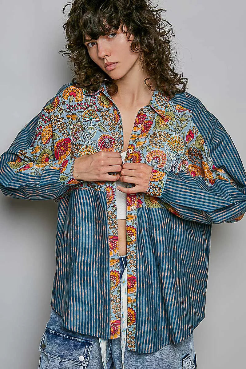 Pol Patchwork Mixed Textured Paisley Floral Stripe Long Sleeve Shirt view 4 (top) - pol shirt, pol long - shop at us.meeeshop