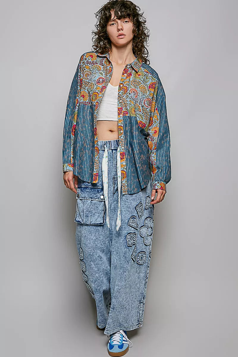 Pol Patchwork Mixed Textured Paisley Floral Stripe Long Sleeve Shirt view 5 (top) - pol shirt, pol long - shop at us.meeeshop