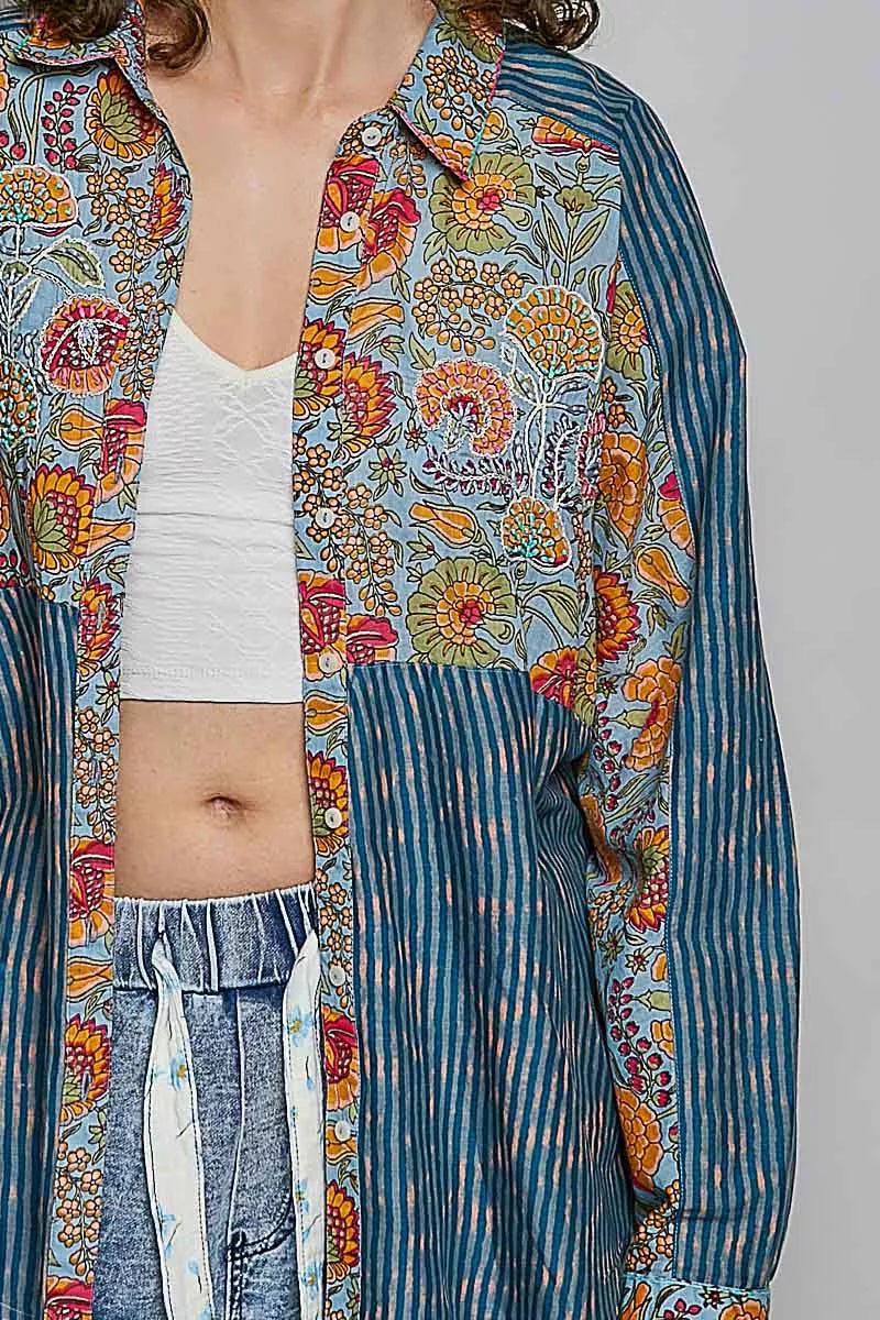 Pol Patchwork Mixed Textured Paisley Floral Stripe Long Sleeve Shirt view 6 (top) - pol shirt, pol long - shop at us.meeeshop