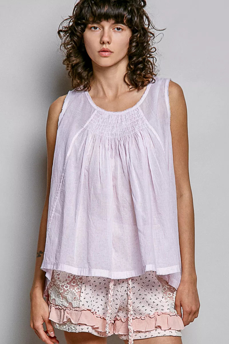 Pol Pol Round Neck Sleeveless Striped Pleated Cotton Top PINK (top) - pol top, pol cotton top, pol roun - shop at us.meeeshop