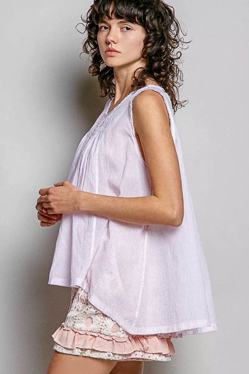 Pol Pol Round Neck Sleeveless Striped Pleated Cotton Top PINK view 2 (top) - pol top, pol cotton top, p - shop at us.meeeshop
