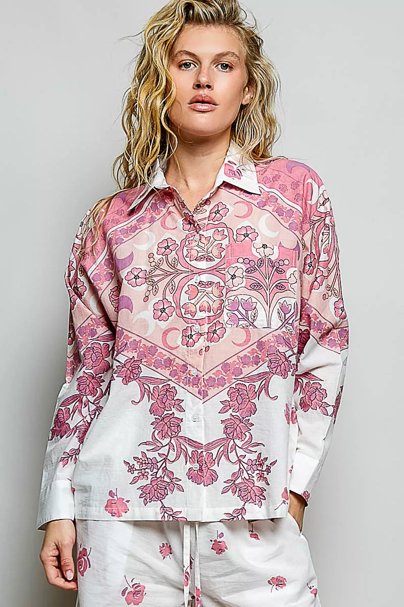 Pol Printed Floral Button Down Shirt IVORY MULTI (top) - floral printed polo t shirts, floral printed p - shop at us.meeeshop