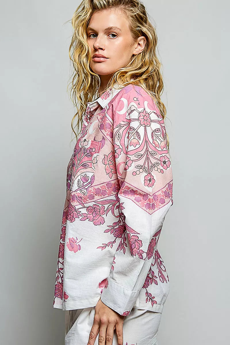 Pol Printed Floral Button Down Shirt IVORY MULTI view 2 (top) - floral printed polo t shirts, floral pr - shop at us.meeeshop