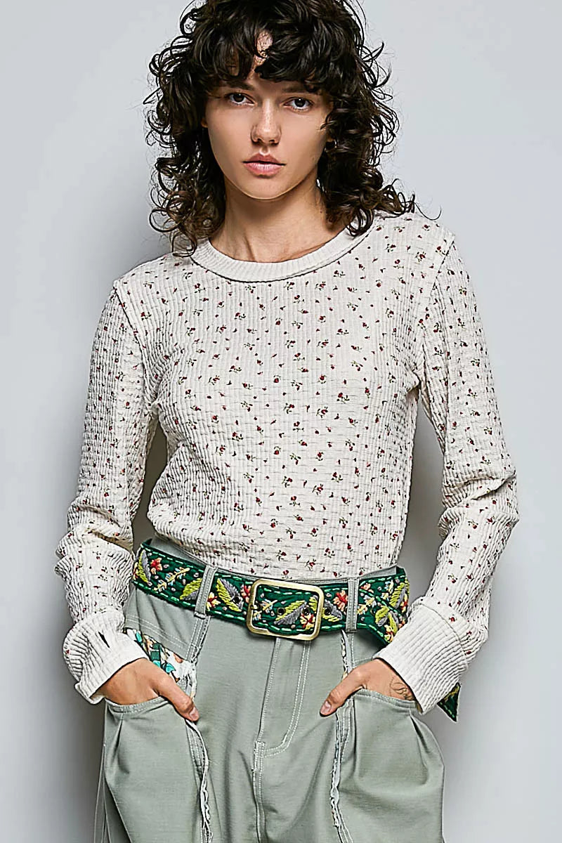 Pol Ribbed Knit Floral Crew Neck Long Sleeve Top IVORY (top) - polo ribbed knit top, john elliott ribbe - shop at us.meeeshop