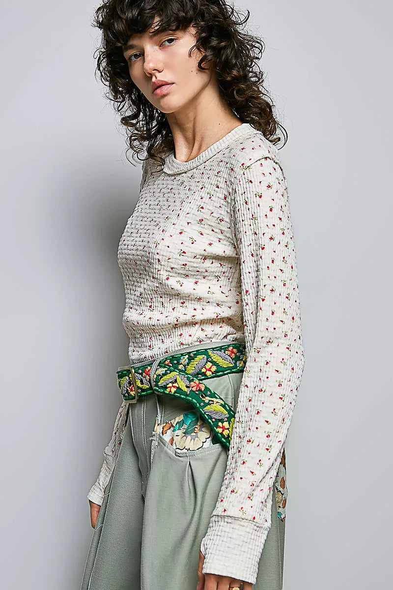 Pol Ribbed Knit Floral Crew Neck Long Sleeve Top IVORY view 2 (top) - polo ribbed knit top, john elliot - shop at us.meeeshop