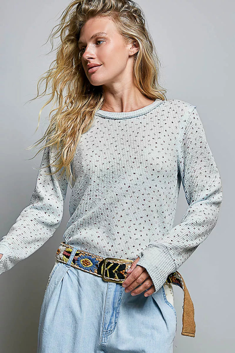 Pol Ribbed Knit Floral Crew Neck Long Sleeve Top PALE BLUE (top) - polo ribbed knit top, john elliott r - shop at us.meeeshop