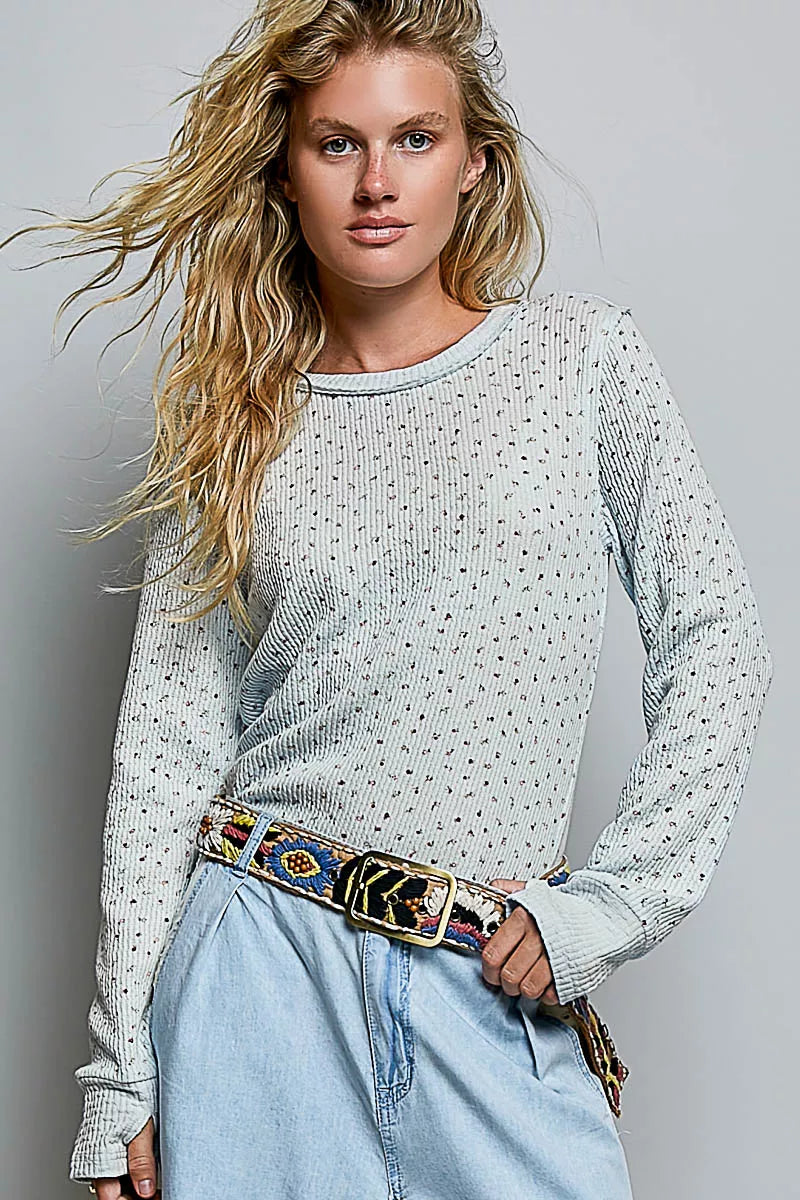Pol Ribbed Knit Floral Crew Neck Long Sleeve Top view 4 (top) - polo ribbed knit top, john elliott ribb - shop at us.meeeshop