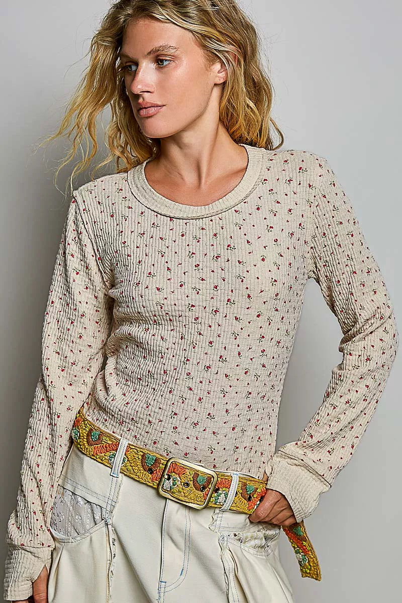 pol ribbed knit Pol Ribbed Knit Floral Crew Neck Long Sleeve Top view 4 (top) - shop at us.meeeshop