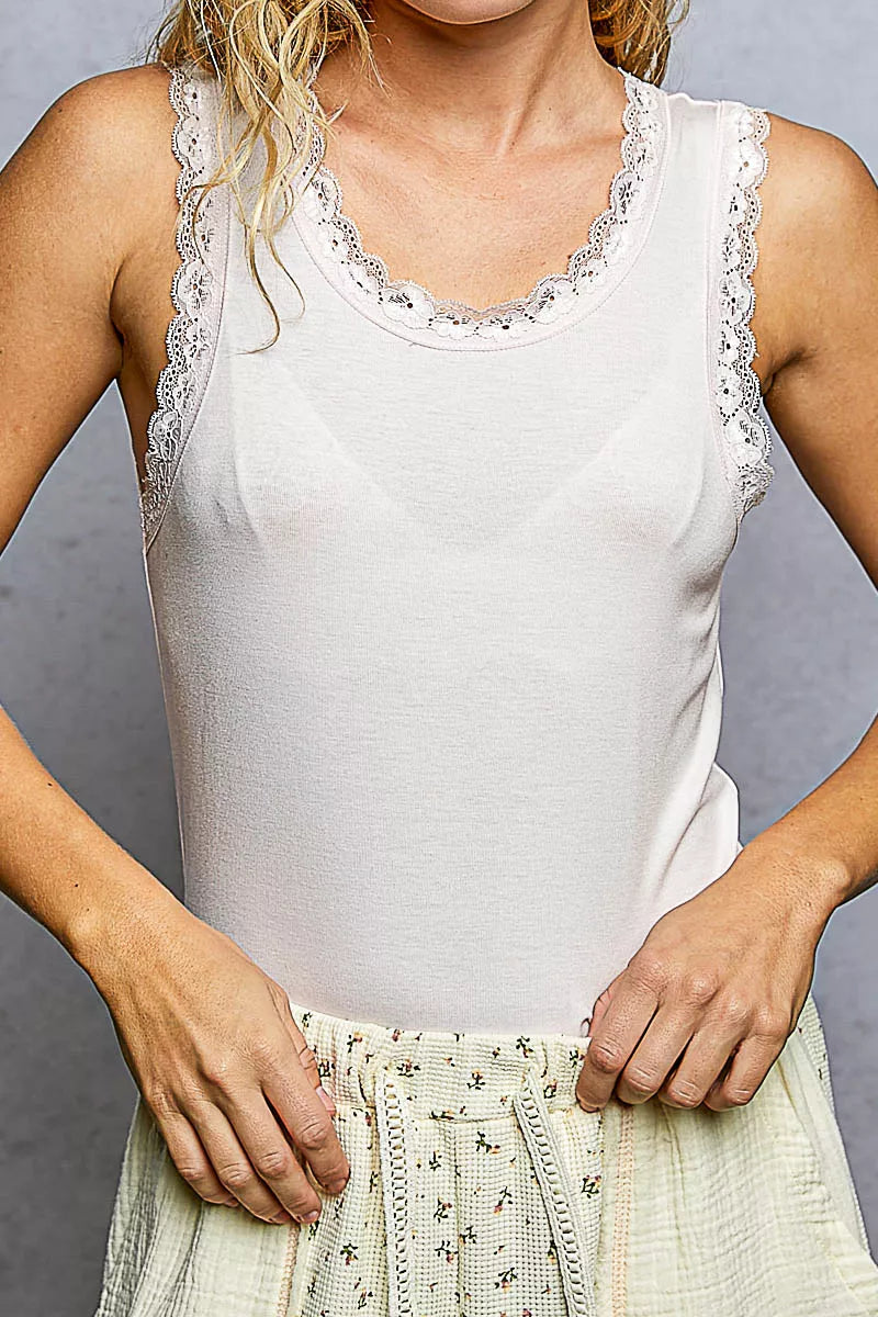 pol round neck Pol Round Neck Cropped Tank with Lace Trim view 6 (top) - shop at us.meeeshop