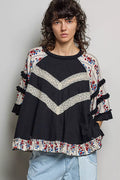 Pol Round Neck Half Sleeve Contrast Floral Lace Oversized Knit Top Black (top) - pol top, pol knit top, - shop at us.meeeshop
