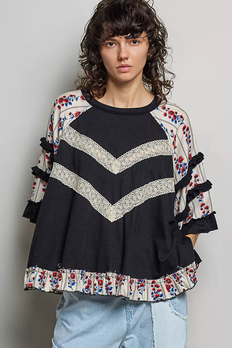 pol round neck Pol Round Neck Half Sleeve Contrast Floral Lace Oversized Knit Top Black (top) - shop at us.meeeshop