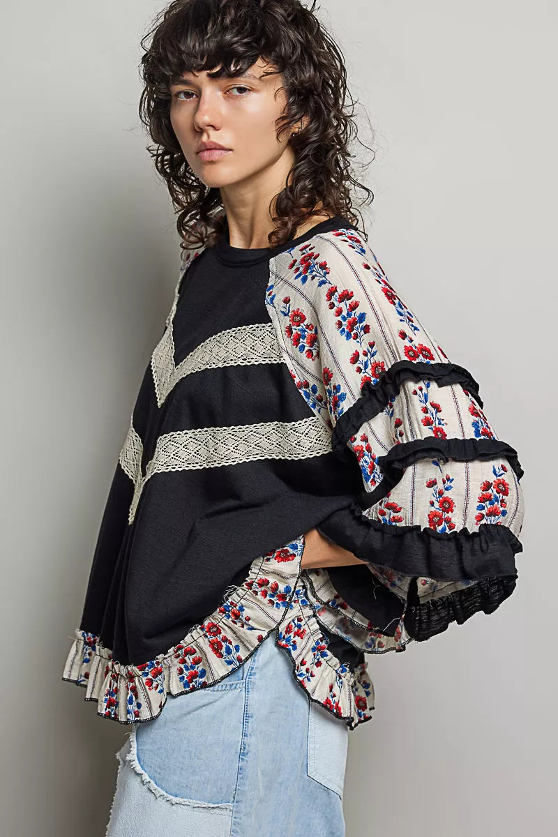 pol round neck Pol Round Neck Half Sleeve Contrast Floral Lace Oversized Knit Top view 2 (top) - shop at us.meeeshop
