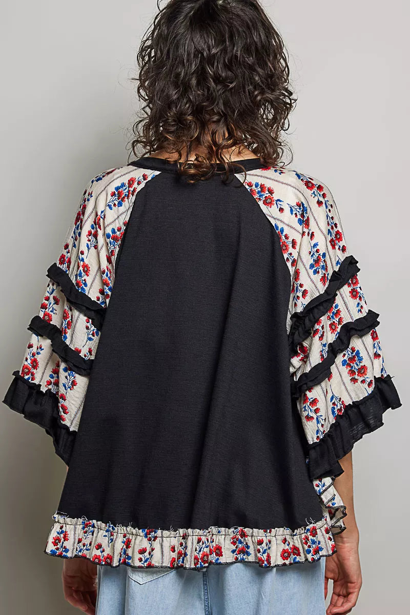pol round neck Pol Round Neck Half Sleeve Contrast Floral Lace Oversized Knit Top view 3 (top) - shop at us.meeeshop