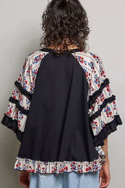 pol round neck Pol Round Neck Half Sleeve Contrast Floral Lace Oversized Knit Top view 3 (top) - shop at us.meeeshop