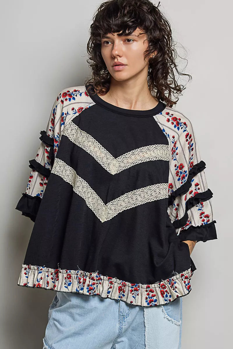 pol round neck Pol Round Neck Half Sleeve Contrast Floral Lace Oversized Knit Top view 4 (top) - shop at us.meeeshop