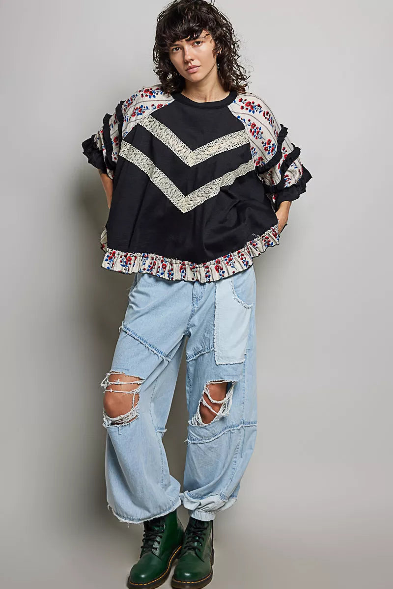 Pol Round Neck Half Sleeve Contrast Floral Lace Oversized Knit Top view 5 (top) - pol top, pol knit top - shop at us.meeeshop