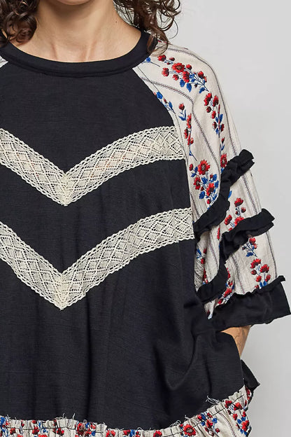 pol round neck Pol Round Neck Half Sleeve Contrast Floral Lace Oversized Knit Top view 6 (top) - shop at us.meeeshop