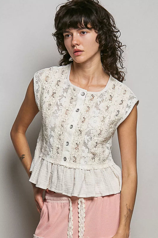 pol round neck Pol Round Neck Lace Sleeveless Top with Double Gauze Ruffle view 2 (top) - shop at us.meeeshop