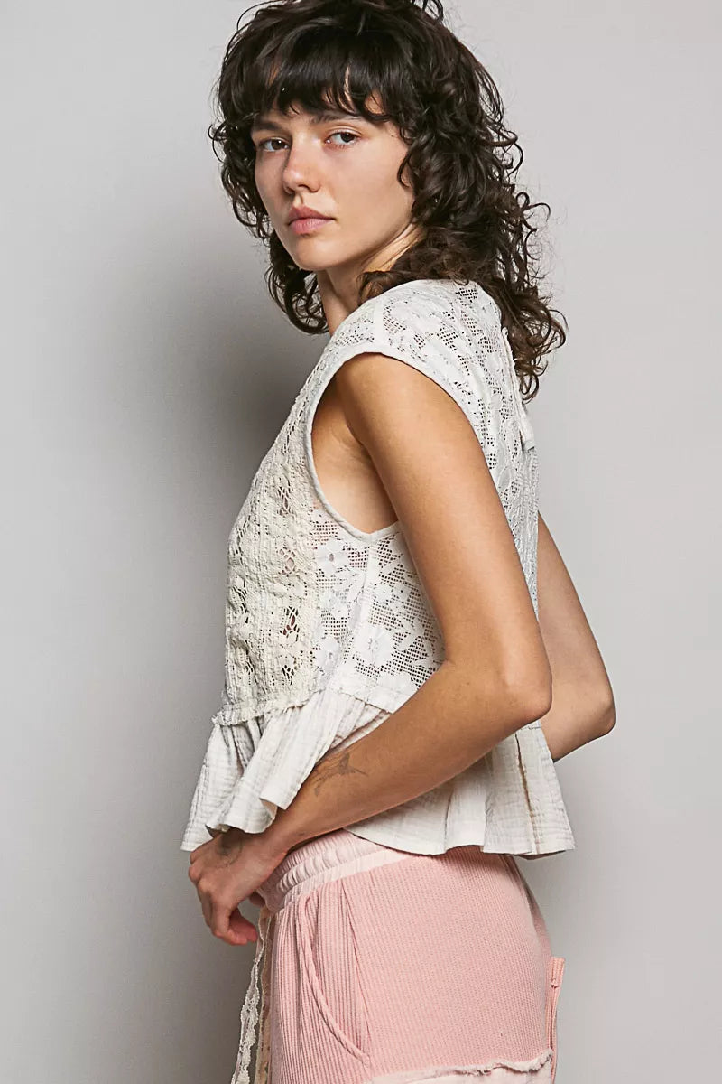 pol round neck Pol Round Neck Lace Sleeveless Top with Double Gauze Ruffle view 3 (top) - shop at us.meeeshop