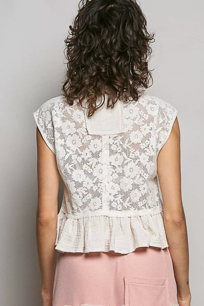 pol round neck Pol Round Neck Lace Sleeveless Top with Double Gauze Ruffle view 4 (top) - shop at us.meeeshop