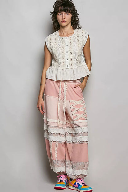pol round neck Pol Round Neck Lace Sleeveless Top with Double Gauze Ruffle view 5 (top) - shop at us.meeeshop