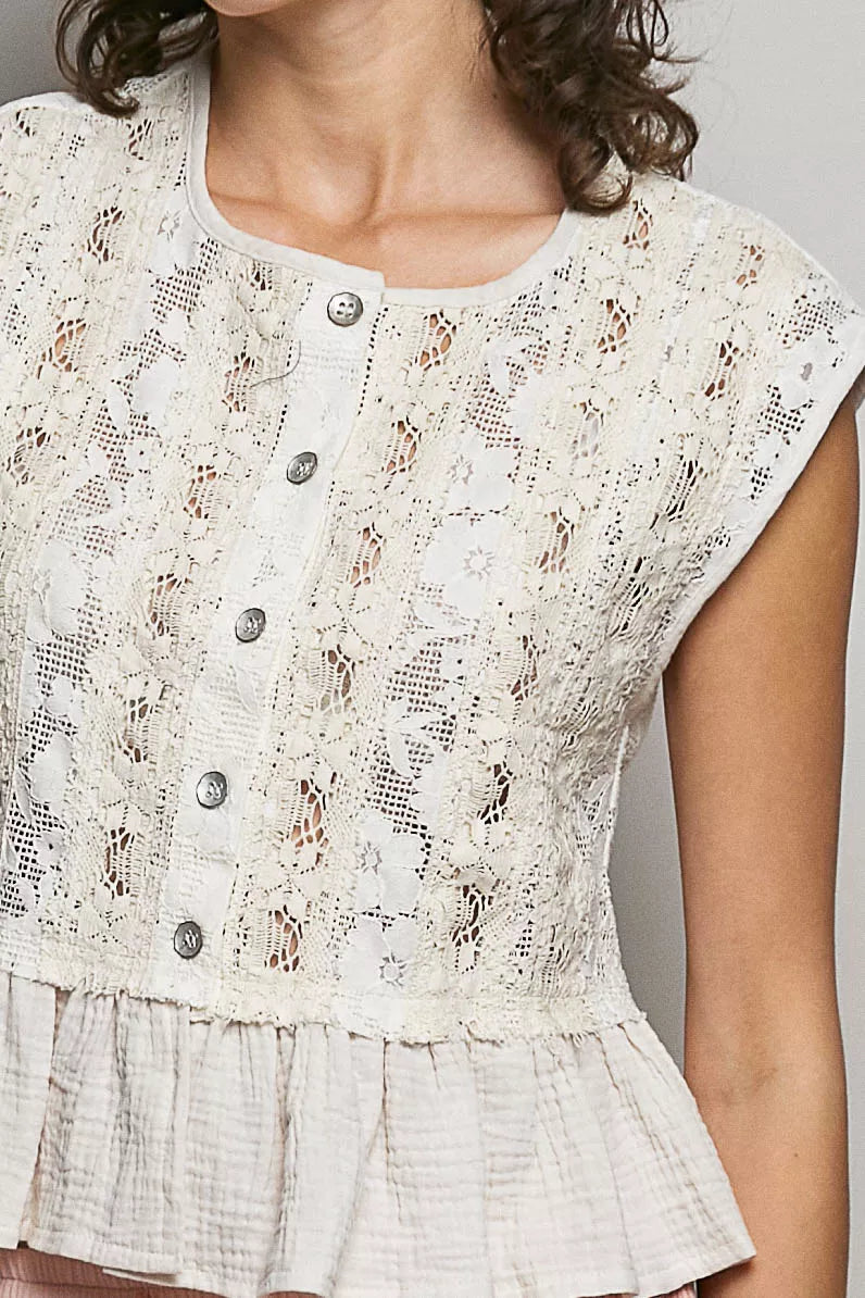 pol round neck Pol Round Neck Lace Sleeveless Top with Double Gauze Ruffle view 6 (top) - shop at us.meeeshop