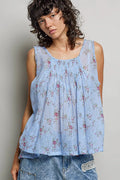 Pol Round Neck Sleeveless Floral Pleated Cotton Top BLUE FLORAL (top) - pol top, pol cotton top, pol ro - shop at us.meeeshop