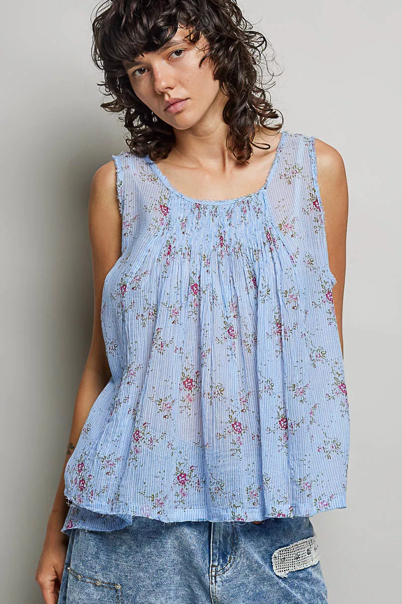 Pol Round Neck Sleeveless Floral Pleated Cotton Top BLUE FLORAL (top) - pol top, pol cotton top, pol ro - shop at us.meeeshop