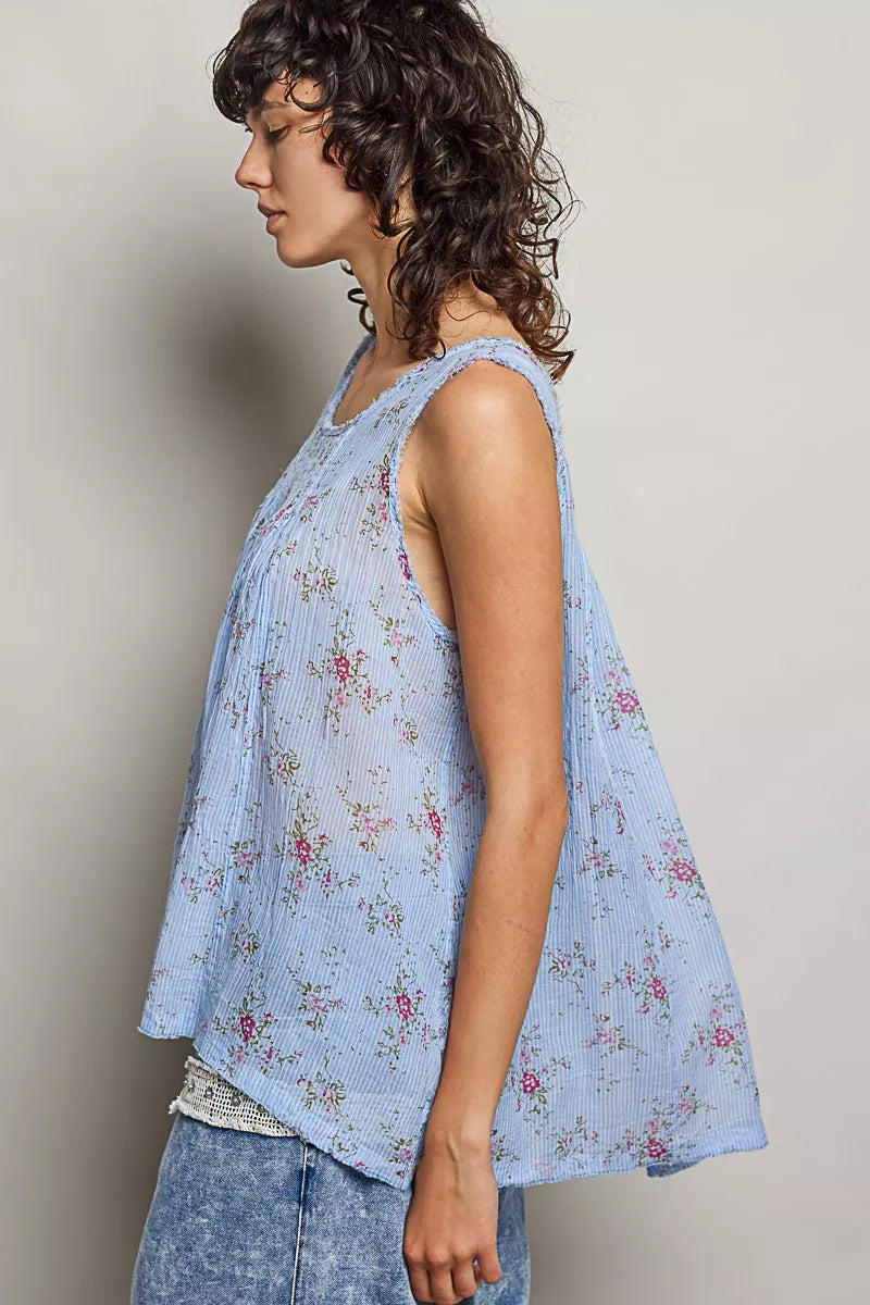 Pol Round Neck Sleeveless Floral Pleated Cotton Top BLUE FLORAL view 2 (top) - pol top, pol cotton top, - shop at us.meeeshop