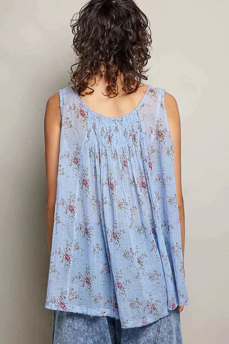 Pol Round Neck Sleeveless Floral Pleated Cotton Top BLUE FLORAL view 3 (top) - pol top, pol cotton top, - shop at us.meeeshop