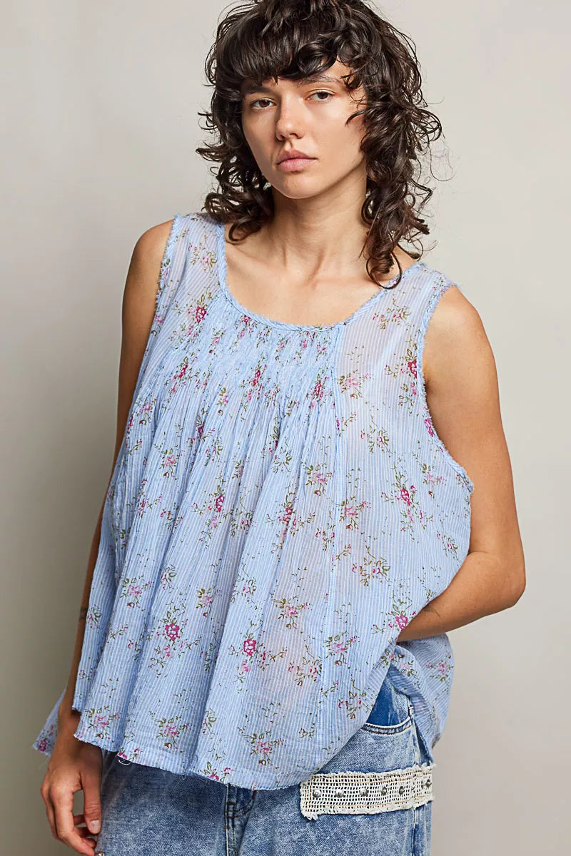 Pol Round Neck Sleeveless Floral Pleated Cotton Top view 4 (top) - pol top, pol cotton top, pol round s - shop at us.meeeshop