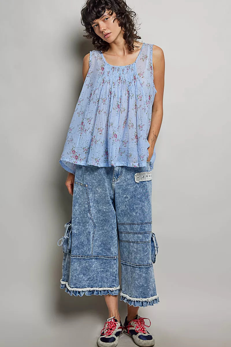 Pol Round Neck Sleeveless Floral Pleated Cotton Top view 5 (top) - pol top, pol cotton top, pol round s - shop at us.meeeshop